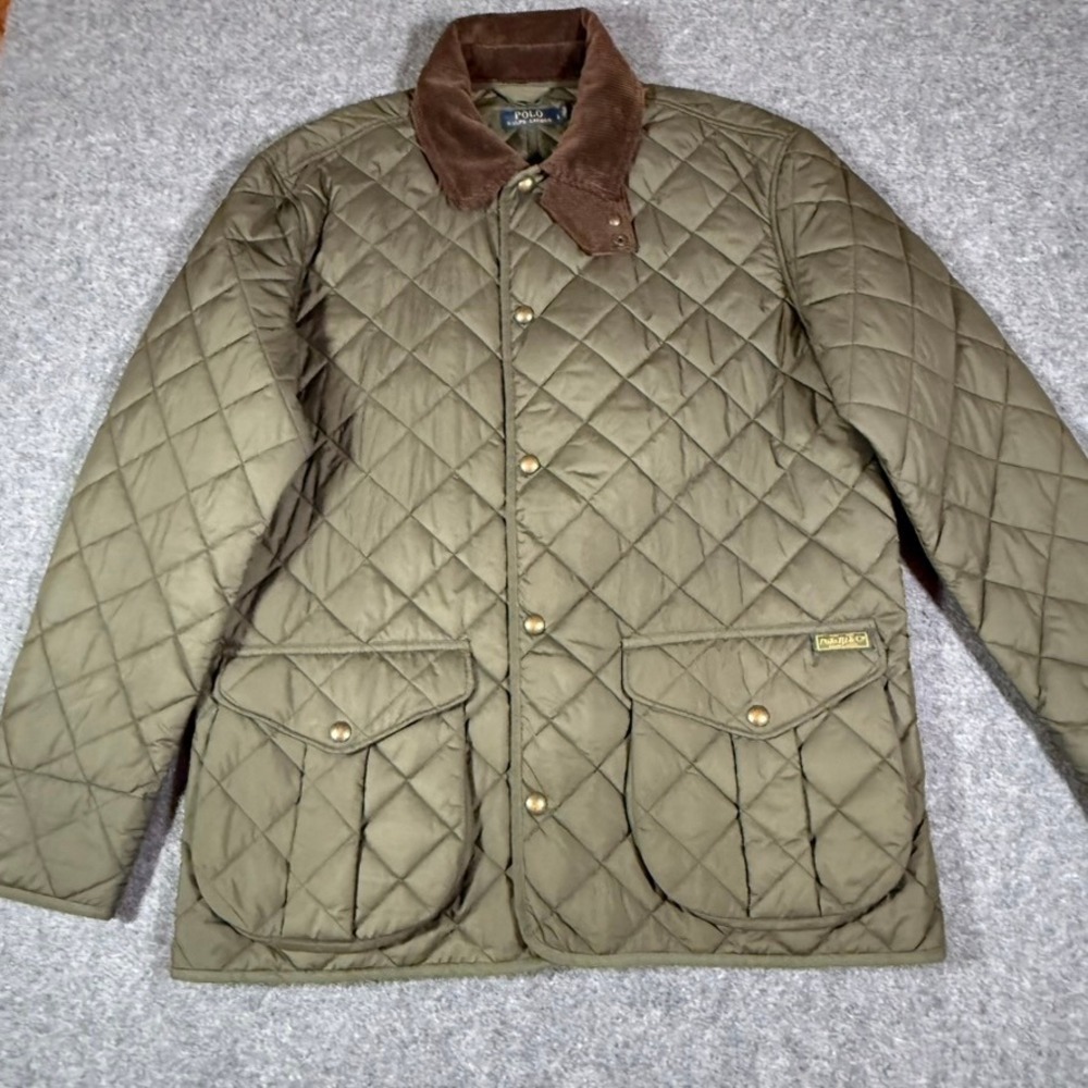 VTG Polo Ralph Lauren Mens Danbury Green Quilted Field Jacket Cord Collar Large